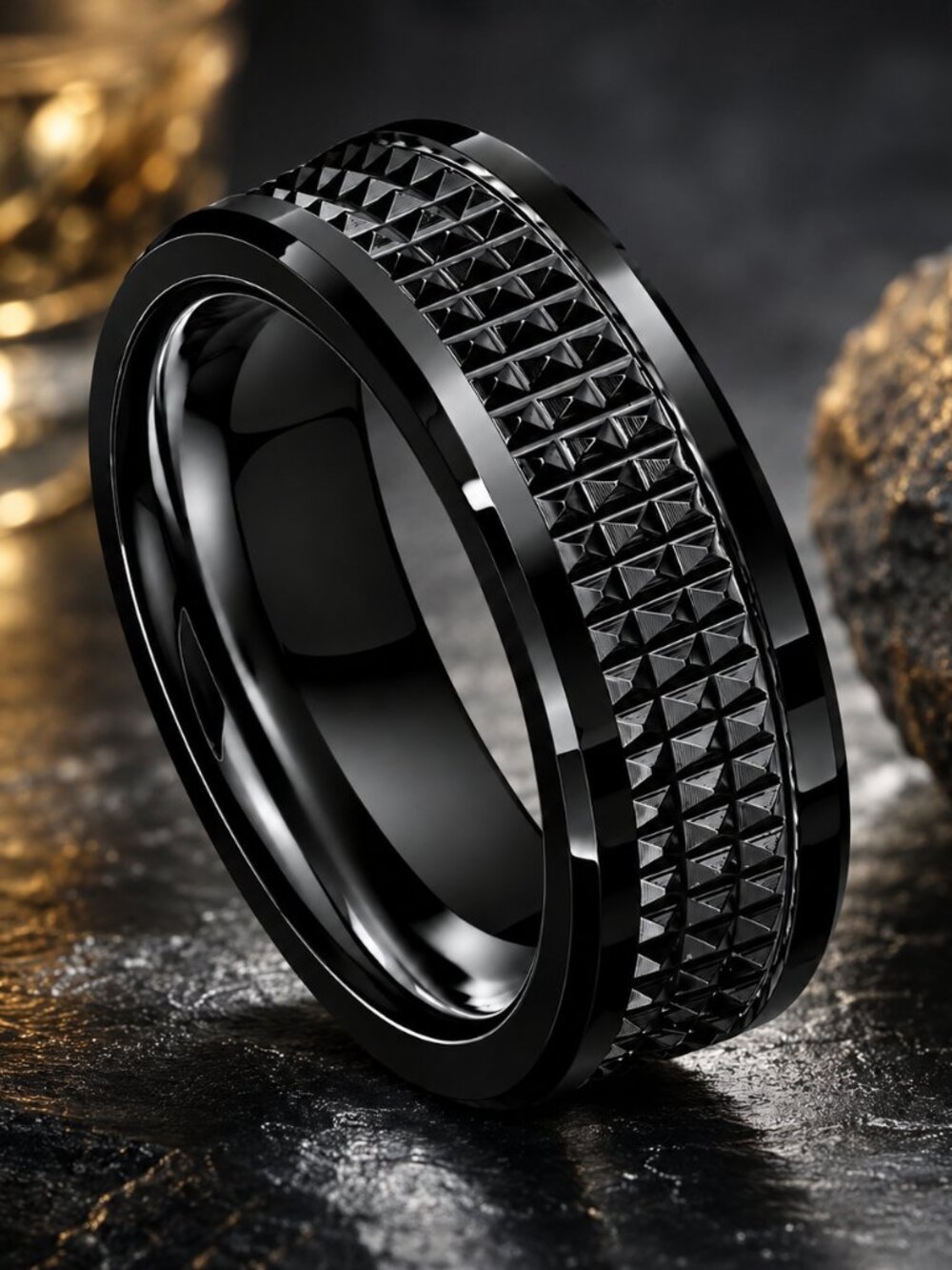 Black Tungsten Ring with Pyramid Stud Texture - GALTUN1052-7